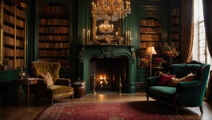 Fototapeta na wymiar Autumn Escape Step into a cozy library with floortoceiling bookshelves, filled with leatherbound books and flickering candlelight. The walls are lined with intricate wallpaper,