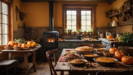 Fototapeta premium Autumn Harvest As you enter the Rustic Farmhouse, you are greeted by the smell of freshly baked pies and the sight of colorful autumn leaves adorning the walls. The dining table