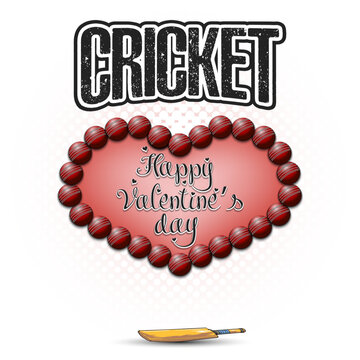 Happy Valentines Day. Heart made of cricket balls