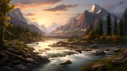 Poster Panoramic view of a mountain river at sunset. 3d render © Iman