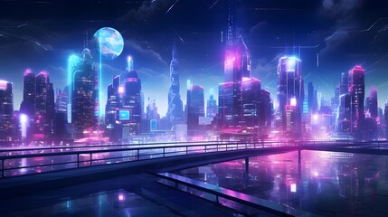 Fototapeta na wymiar Futuristic city at night with neon lights. Panoramic illustration