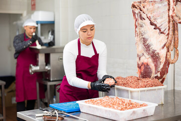 Professional young female butchery worker preparing fresh raw minced meat in processing workshop