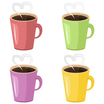 Four cups on white background set tea coffee isolated 