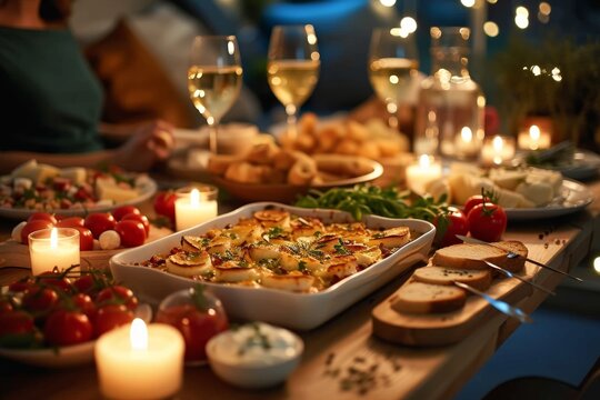 A sumptuous spread of delectable dishes and fine wine glasses adorn the elegant table, setting the scene for a sophisticated indoor feast filled with culinary delights and warm candlelit ambiance