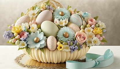 Fototapeta premium A pastel paradise of Easter treats and flowers, this arrangement is a delightful nod to the sweetness of spring celebrations