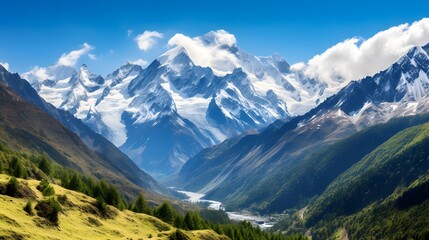 Panoramic view of New Zealand alps and valley in spring