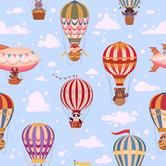 Vintage hot air balloon seamless pattern. Cartoon air balloons with cute animals on board, retro aircrafts print flat vector illustration. Air transport endless pattern