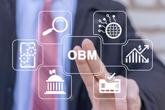 OBM Online Business Management Concept. Global business structure of networking. Analysis and data exchange, clients connection, customer service, teamwork, strategy, technology and social network.