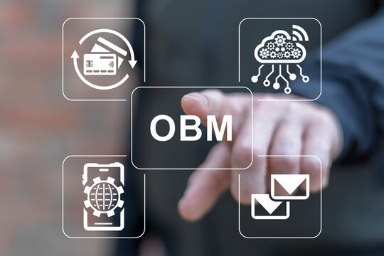 Man using virtual screen sees text: OBM. OBM Online Business Management Concept. Global business structure of networking. Analysis and data exchange. Business strategy, technology and social network.