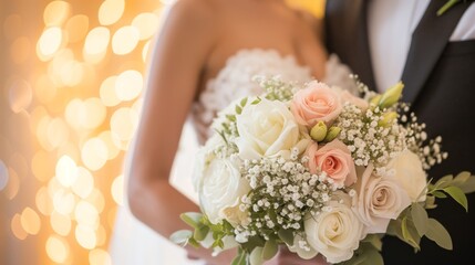  Close-up view bridal bouquet consisting of lush white and pale pink flowers, of a bride and groom on their wedding day.