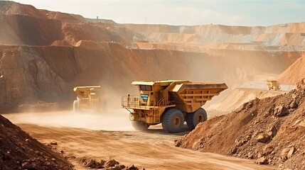 Heavy equipment works in open pits to extract gold. Loading large trucks to transport gold minerals,