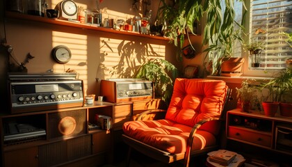 Fototapeta na wymiar Interior of a house with an orange sofa and a vintage radio