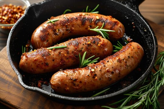 Meaty medley of international sausages sizzling with aromatic rosemary in a pan, promising a delicious outdoor feast for meat lovers
