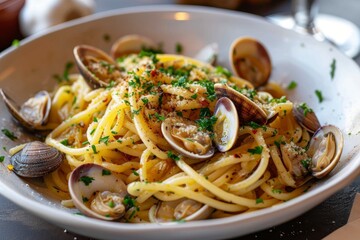 A mouthwatering bowl of perfectly al dente spaghetti and clams, garnished with fresh parsley, transports me to an italian seaside restaurant with every delicious bite