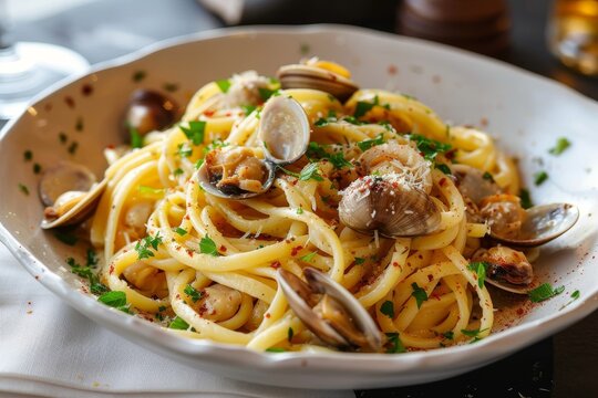 Indulge in a fusion of italian and asian cuisine with a steaming bowl of al dente pasta, loaded with clams and sprinkled with fresh parsley, creating a mouth-watering fusion of flavors and textures t
