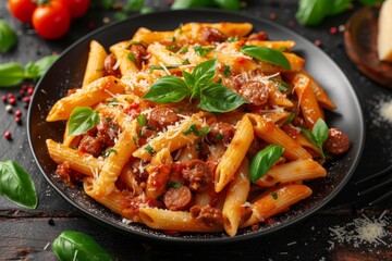 A mouth-watering italian dish of penne pasta, tender meat, and fragrant basil, topped with juicy tomatoes and served on a vibrant indoor plant, showcasing the delicious blend of fast food convenience