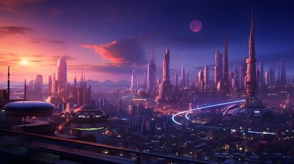 Fototapeta na wymiar Futuristic city at night. Panoramic view of the city.