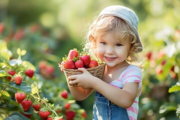 A young girl happily holds a basket of fresh strawberries, her face beaming with joy as she stands in the great outdoors, showcasing the natural beauty of childhood and the simplicity of enjoying nat