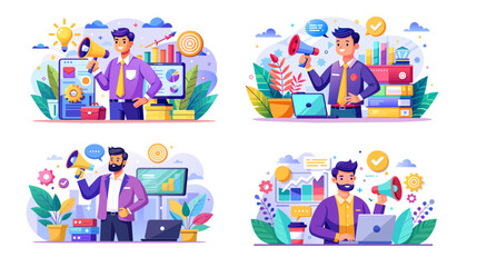 Fototapeta premium Businessman in various work environments vector illustrations