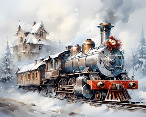 Vintage Steam Train in Winter Landscape, Digital Painting, Illustration
