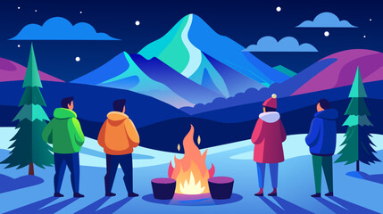 Fototapeta premium Enchanting Nighttime Campfire in Snowy Mountain Landscape