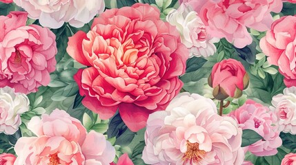 Watercolor roses and peonies seamless pattern, generative ai, 