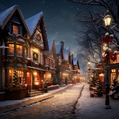 Winter night in the village. Christmas and New Year. Snowfall.