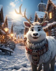 Reindeer in front of a snow covered Christmas village at sunset