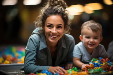 A babysitter with a happy kid, creating an atmosphere of joy and playfulness. Laughter, bonding, and a sense of security fill the air.