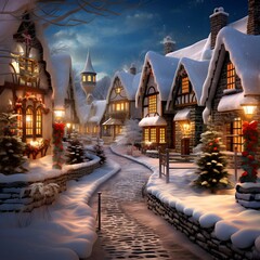 Winter in the village. Christmas landscape. Snow-covered houses.