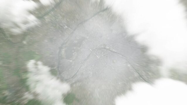 Earth zoom in from space to Paris, France. Followed by zoom out through clouds and atmosphere into space. Satellite view. Travel intro. Images from NASA