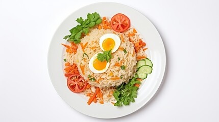 Fried Rice with Vegetables and Meat. egg topping on a plate, white background. Generative AI