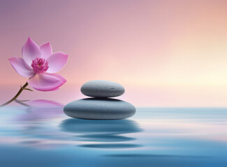 Fototapeta na wymiar Zen Balance: Tranquil Lily Reflection on Water