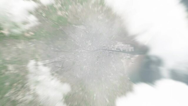 Earth zoom in from space to Dublin, Ireland. Followed by zoom out through clouds and atmosphere into space. Satellite view. Travel intro. Images from NASA