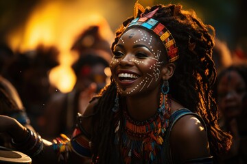 A traditional African drum circle during a cultural festival. Dancers gracefully moving to the...