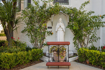 Santa Barbara, CA, USA - January 19, 2024: St. Frances Xavier Cabrini white statue outside Our Lady...
