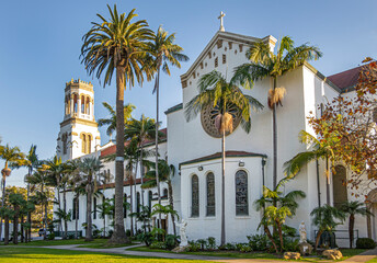 Santa Barbara, CA, USA - January 19, 2024: Beige west facade of Our Lady of Sorrows church with...
