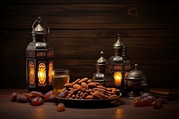 Fototapeta na wymiar Dates Aladdin lamps and Arabic lanterns, copy space - generative ai