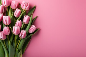 Fototapeta premium Bouquet of Pink Tulips on Pink Background Generative AI