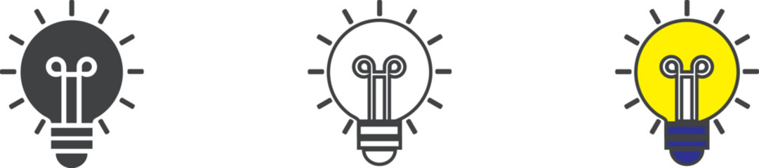 Simple light bulb icon on white background such as outline, black, color, outline and color. Vector illustration