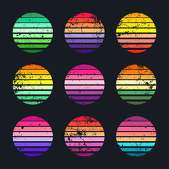 Grunge vintage sunset collection. Colorful striped sunrise badges in 80s and 90s style. Sun and ocean view, summer vibes, surfing. Design element for print, logo or t-shirt. Vector illustration