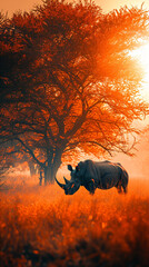 Silhouette of large acacia tree in the savanna plains with rhino (White Rhinoceros). African sunset. Wild nature, Kenya panoramic view. Black history month concept. World rhino day. Animal protection - obrazy, fototapety, plakaty