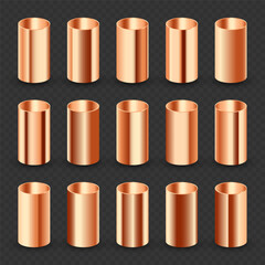 Copper pipes collection. Construction material, pipeline. Industry and engineering. Polished metal texture with silver gradient. Vector illustration