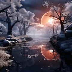 Gardinen Fantasy landscape with a frozen river at night. 3d rendering © Iman