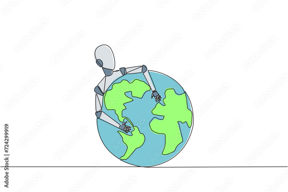 Poster continuous one line drawing robot hugging globe. robots rule the world. everything is technology. ar
