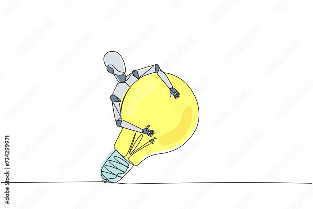 Poster single continuous line drawing robot hugging lightbulb. has the idea to make robot that has human-li