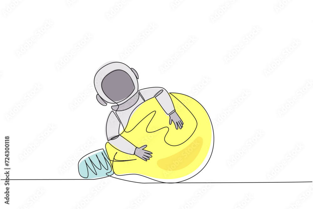 Poster single continuous line drawing astronaut hugging lightbulb. astronaut build the first data-processin