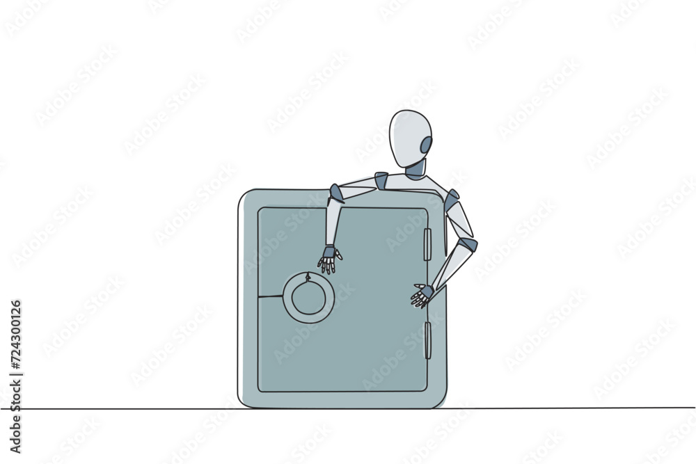 Poster single one line drawing robotic hugging safe deposit box. adding layer to make it more secure. encry