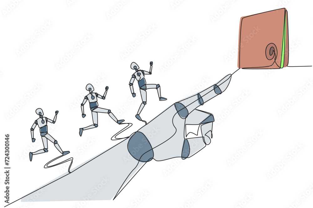 Poster single one line drawing 3 robots running on giant robot hand whose finger is pointing at round targe