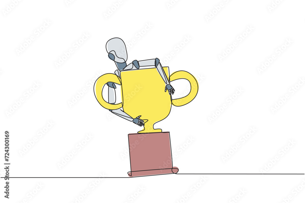 Poster single one line drawing robotic hugging trophy. the winner of soft engineering is an intelligent rob